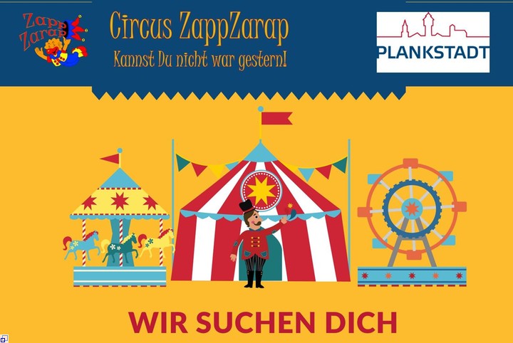 Plakat mit Zirkuszelt, Karussell, Riesenrad, für das Zirkus-Ferienprogramm werden Helfer gesucht