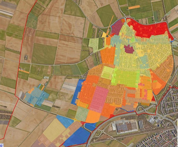 Karte mit farbig hinterlegten Bodenrichtwertflächen