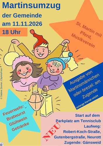 Plakat mit Kindern und Laternen, Hinweis auf Martinsumzug am 11.11.26, 18 Uhr