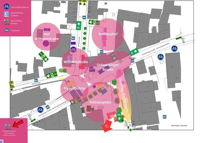 Ortsplan mit eingezeichneten Eventstätten, Toiletten auch barrierefrei, Fahrradparkplätzen und mehr en Ortsplan mit eingezeichneten Eventstätten, Toiletten auch barrierefrei, Fahrradparkplätzen und mehr en