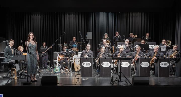 Musiker eines Orchesters und eine Sängerin auf einer Bühne Musiker eines Orchesters und eine Sängerin auf einer Bühne