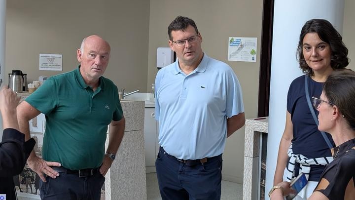 Vier Personen - zwei Frauen und zwei Männer - unterhalten sich Vier Personen - zwei Frauen und zwei Männer - unterhalten sich