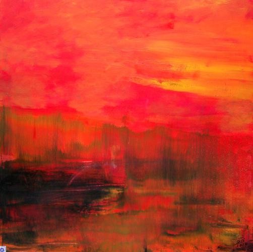 Schemenhafte Landschaft in Brauntönen vor einem roten Himmel Schemenhafte Landschaft in Brauntönen vor einem roten Himmel