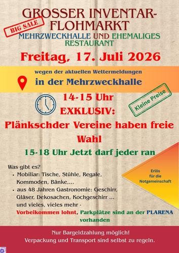 Plakat mit Werbung für einen Inventarflohmarkt mit Equipment aus einer Sporthalle und dem angegliederten Restaurant am Freitag, 17.7., 14-18 Uhr